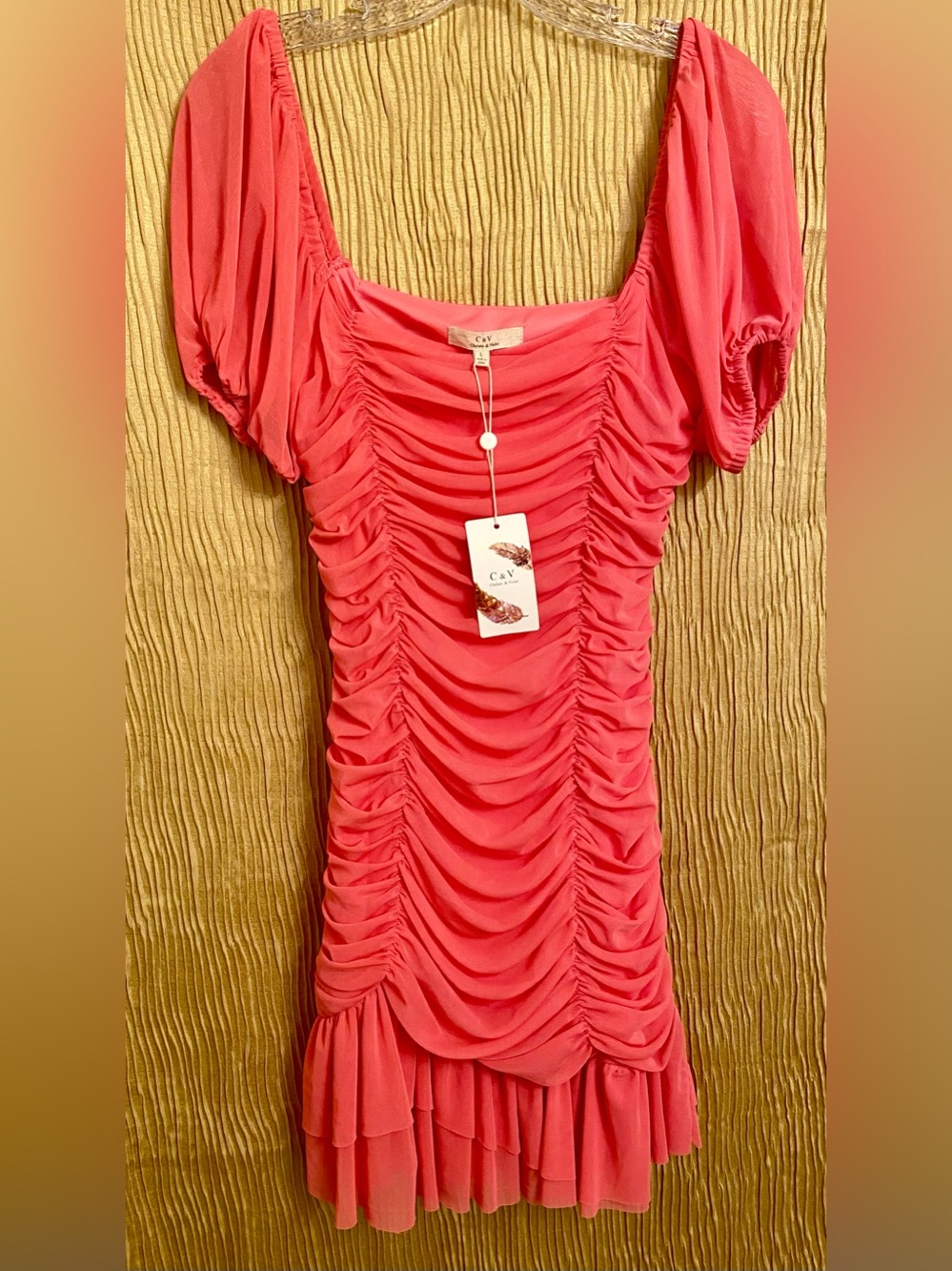 Chelsea & Violet Coral Ruched Puff Sleeve Mini Dress - Juniors Size Large